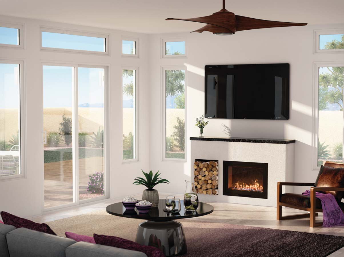 Ventana fija sala minimalista con vista al exterior